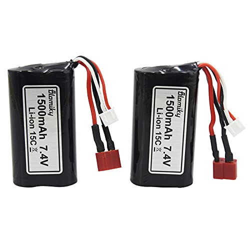 Blomiky 2 Pack 7.4V 1500mAh 15C Li-ion Rechargeable Battery with T Plug Connector and USB Cable for 9155 and 9156 1:12 Scale High Speed RC Truck 9156