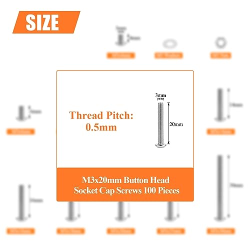 HELIFOUNER 100 Pieces M3 x 20mm, Thread Pitch 0.5mm, 304 Stainless Steel (18-8) Button Head Socket Cap Screws, Fully Threaded - size: M3 x 20mm