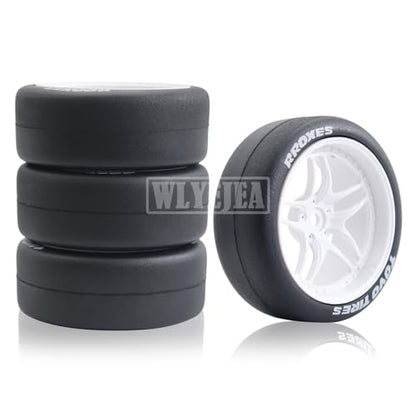 65mm 4PCS 1:10 RC Drift Tires and Petal Shaped Wheels Hub 12mm Hex Smooth Surface Rubber Tires Fit for 1/10 On-Road Drifting Car Traxxas HSP Tamiya HPI Kyosho