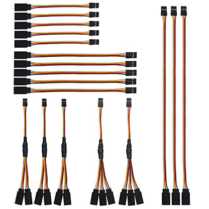 18Pcs 3-Pin JR Servo Extension Cable,1 JR Male to 2/3 Female JR Y Harness Servo Cable & 3.93" 5.9" 11.8" JR Extension Wire and 4 White LED Light for RC Cars Trucks Airplanes Servo Receiver Connection