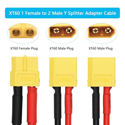 XT60 Parallel Battery Connector Cable, 12AWG XT60 Y Splitter Adapter Cable | 2Pcs XT60 RC Lithium Paralle Power Cord 1FT, 1 Female to 2 Male Y Splitter Adapter Cable, Plug and Play, for RC Multicopter - style: XT60 1 Female to 2 Male Cable