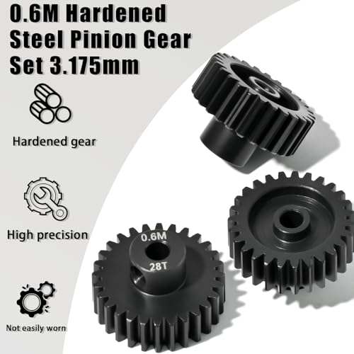 3Pcs 0.6M Hardened Steel Pinion Gear Set 3.175mm 26T 27T 28T Motor Pinion Gear with M4 Screw and Hex Key, Fit 3.175mm (1/8-Inch) Shaft, for Arrma HPI Kyosho Losi Axial Traxxas Tamiya 1/10 RC C - size: 0.6M-P-3.175mm-26-28T