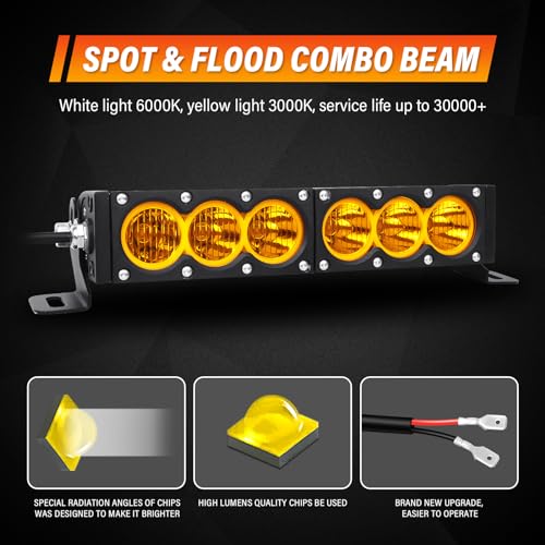 AUXTINGS 12 inch Single Row Amber LED Light Bar 60W Off Road Light Bar Flood Beam LED Work Light Truck UTV 4x4 Cars SUVs ATVs Boats Fog Driving Light with Wiring Harness kit - size: 12 inch amber