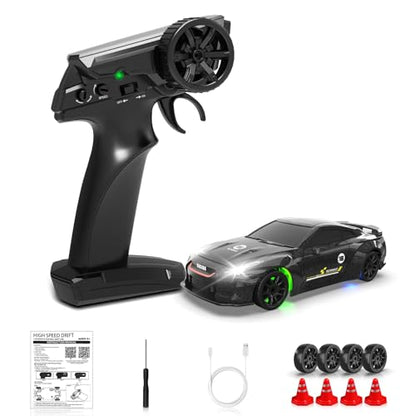 1/43 RC Drift Car, Mini Drifting RC Car with Gyro 2.4GHz Full Proportional Drift Cars 4WD RTR Remote Control Cars with Colorful Lights High Speed Fast Racing Vehicle Gift for Kids Boys Adults - color: Silver+bk