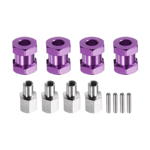 MECCANIXITY 4pcs 12mm Wheel Hex Drive Hubs Adapter Combiner Coupler Purple | 15mm Extension, Aluminum, with Nut Latch, for 1/10 RC Crawler Car Parts