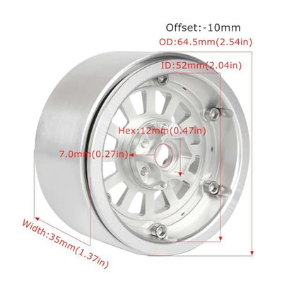 Aluminum 2.2" Beadlock Wheel Offset -10mm Metal Rims for SCX10 RR10 TRX4 VS4-10 Gen8 1/10 RC Crawler Car Upgrade Parts (12-Spoke, Silver) - color: 12-spoke, Silver