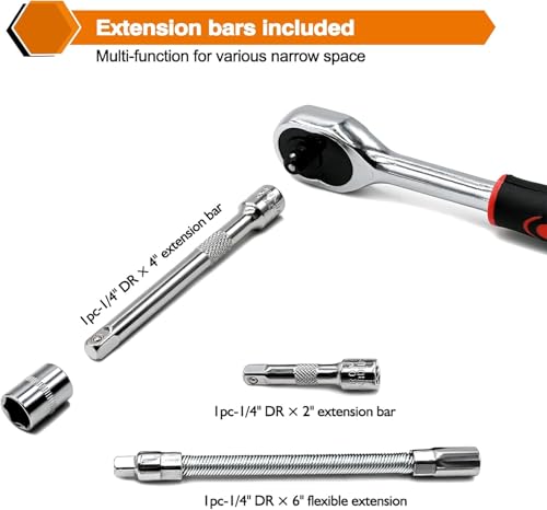 Egofine 46 Pieces 1/4 inch Drive Socket Ratchet Wrench Set, with Bit Socket Set Metric and Extension Bar for Auto Repairing and Household, with Black Storage Case - style: 1/4" 46 PCS-Black