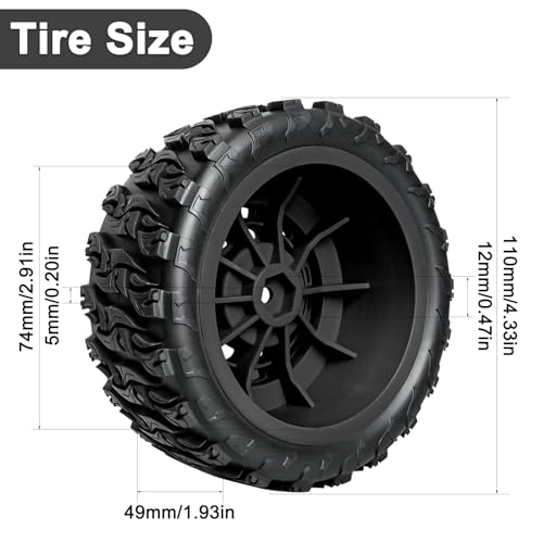 Pre-Glued 12mm Hex RC Wheels and Tires for 1/10 RC Short Course Truck, 4PCS | Compatible with 1/10 Arrma Senton Traxxas Slash Axial Losi Axial Redcat - color: Black Tires A+ Black Wheels