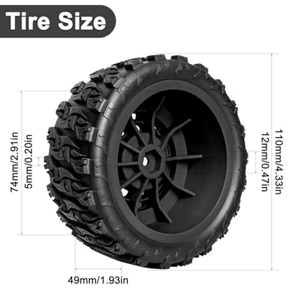 Pre-Glued 12mm Hex RC Wheels and Tires for 1/10 RC Short Course Truck, 4PCS | Compatible with 1/10 Arrma Senton Traxxas Slash Axial Losi Axial Redcat - color: Black Tires A+ Black Wheels