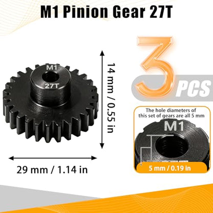 M1 Gear 27T 5mm Bore 3-Pack – High-Precision Hardened Steel Motor Pinion Gear for 1/8 1/10 RC Crawler, Monster Truck, Short Course Truck & Boat (Compatible with Traxxas Axial, FMS, HSP Redcat Losi) - style: M1 3Pcs 27T