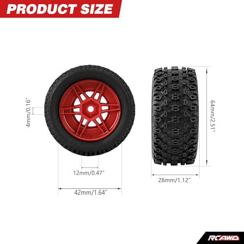 RCAWD Mojave Grom & 1/16 Slash 4X4 Pre-Glued Wheel Tire Sets, Balance Grip & Durability Nylon Rubber 12mm Hex Adapter 4mm for Traxxas & ARRMA Upgrades Part All Terrain Adaptation 4pcs Red - color: Red