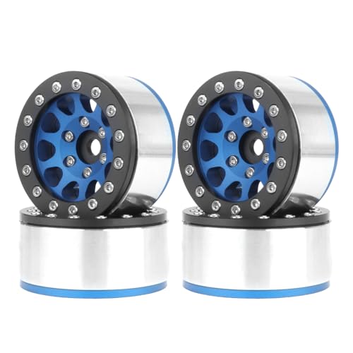 4PCS 1.55 Inch Aluminum Alloy Metal 10Holes Beadlock Wheel Rim Hubs Replacement Accessory for Tamiya AX90069 D90 TF2 CC01 CC02 1/10 RC Crawler Car Upgrade Parts (Black Blue) - color: Black Blue