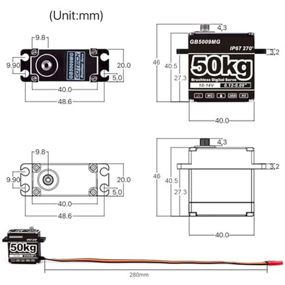 GOTECK 50KG Brushless Digital Servo,High Voltage 14V Metal Gear Waterproof Steering Servo with 25T Servo Horn for 1/8 1/10 RC Crawler Car,Robot,Boat,Truck Robot Parts (GB5009MG-180°)