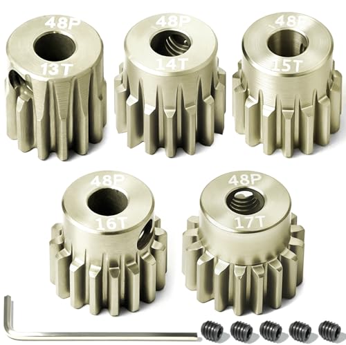 5Pcs 48P Aluminum Alloy Pinion Gear Set 3.175mm 13T 14T 15T 16T 17T Motor Pinion Gear W/ M4 Screw and Hex Key, Fit 3.175mm (1/8-Inch) Shaft, for Arrma HPI Kyosho Losi Axial Traxxas Tamiya 1/10 RC Car - size: 48P-P-3.175mm-13-17T