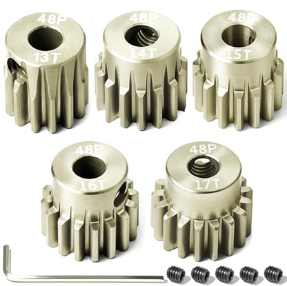 5Pcs 48P Aluminum Alloy Pinion Gear Set 3.175mm 13T 14T 15T 16T 17T Motor Pinion Gear W/ M4 Screw and Hex Key, Fit 3.175mm (1/8-Inch) Shaft, for Arrma HPI Kyosho Losi Axial Traxxas Tamiya 1/10 RC Car - size: 48P-P-3.175mm-13-17T