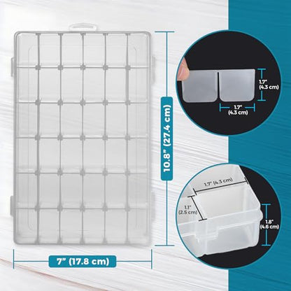 36 Grid Clear Plastic Organizer - Pack of 2- Bead Storage, Craft Organizer, DIY Small Parts Organizer, Jewelry Box, Fishing Tackle Box, Sewing, Nail Storage w/ Adjustable Dividers & 5 Sticker Labels