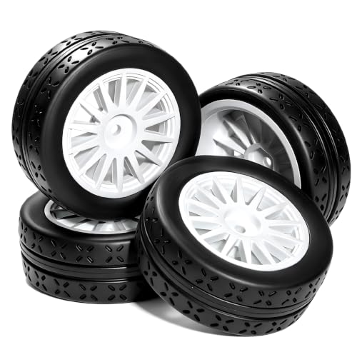 OD 70mm 1/10 RC Rally Racing Street Tires and Hard Plastic Wheels 12mm Hex for MJXRC 10304 Tamiya TT01 TT02 XV02 XV01 TA06 HPI KYOSHO PTG2 1:10 Scale On Road Drift Touring Car 4PCS (White) - color: White