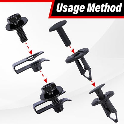 45PCS Engine Under Cover Splash Shield Guard Body Bolts Screws (Black) | Universal Style Bumper Fender Liner Push Retainer Fastener Rivet Clips, Compatible with Most Brand of Vehicles