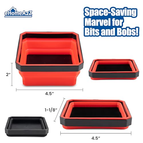 Collapsible Magnetic Parts Tray Set, 4.5” Square Silicone Foldable Bowls With Magnetic Base, Ideal For Screws, Bolts, Nuts, Washers, Pins, And Small Metal Parts (Red/Black,2Pc)