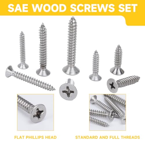 542PCS #4#6#8#10#12 Phillips Flat Head Screw Set Stainless Steel Wood Screws Assortment Kit, Assorted Sheet Metal Self Tapping Screws, 18-8(304) Stainless Steel (Flat Silver) - style: flat silver