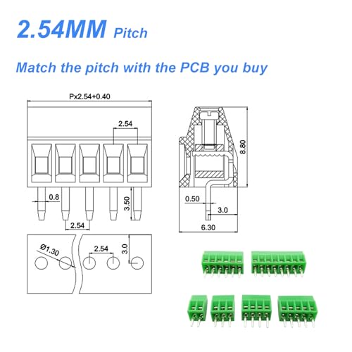 46Pcs 2.54mm 0.1" Pitch Mini PCB Mount Screw Terminal Block Connector 2P 3P 4P 5P 6P 8P Terminals 150V 6A Compatible 26-18AWG Cable for Arduino and Home Electronics Projects