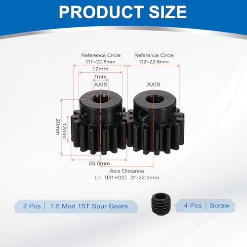 uxcell 2Pcs 1.5 Mod 15T Spur Gear 7mm Bore, 1045 Steel Pinion Gear Black Surface Treatment, 20° Pressure Angle, for Spur Rack and RC Model Car or Motor DIY(17mm) - size: 1.5 Mod 15T, 7mm x 17mm