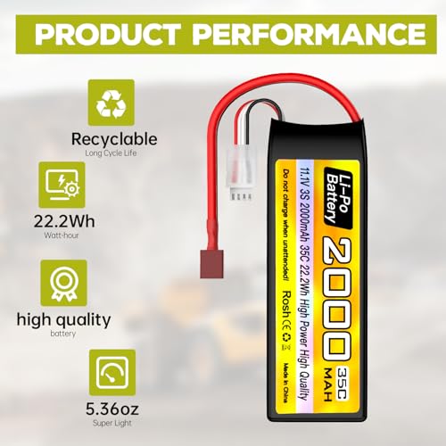 sea jump 3S Lipo Battery 11.1V 2000mAh 35C with T Plug and USB Charging Cable Suitable for RC Car Truck Boat， RC Quadcopter Aircraft, FPV Drone Battery