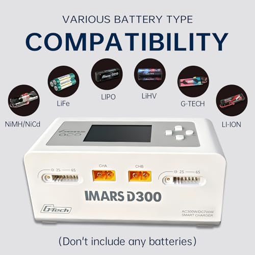 Lipo Battery Charger, Gens Ace Charger IMARS D300 G-Tech Series Smart Dual Lipo Balance Charger 16A AC 300W DC 700W (350W*2) RC Battery Charger for 1s~6s Lipo Batteries Life NiCd MH LiHV (White) - color: White