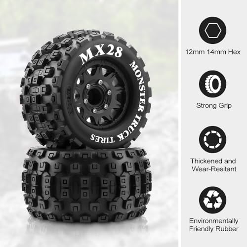 GLOBACT MX28 2.8" Tires 1/10 Scale RC Truck Tires and Wheels with 12mm 14mm Replaceable Hex for ARRMA Big Rock Granite VORTEKS 3S TRAXXAS Stampede Rustler (4PCS)