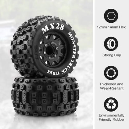 GLOBACT MX28 2.8" Tires 1/10 Scale RC Truck Tires and Wheels with 12mm 14mm Replaceable Hex for ARRMA Big Rock Granite VORTEKS 3S TRAXXAS Stampede Rustler (4PCS)