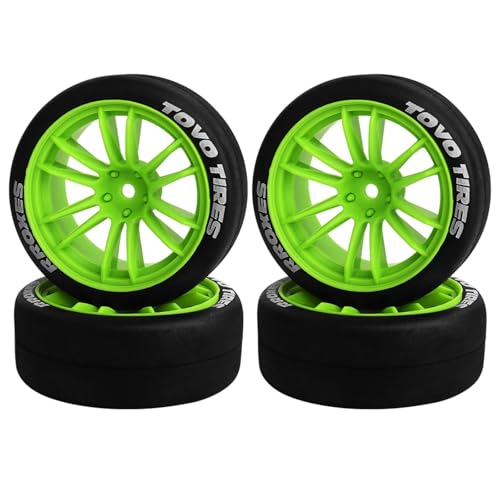 4PCS RC Drift Tires and Plastic Wheels Rims, 65mm Hard Drift Tyres for 1/10 On Road Touring Street Cars, Compatible with Tamiya TT01 TT02 XV01 XV02 Traxxas HPI KYOSHO PTG2 A959 (Green) - color: Green