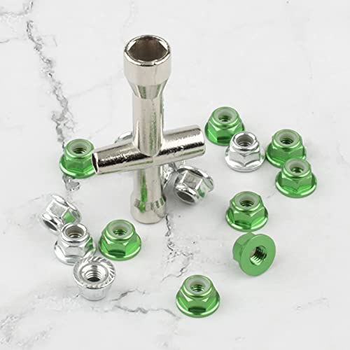 16pcs M4 Lock Nuts Set for 1/10 RC Car - Green Aluminum & Silver Steel with Hex Driver | RC Tool Kit & Nut Driver for Traxxas Axial Tamiya Wheel Replacement - color: Green & Silver