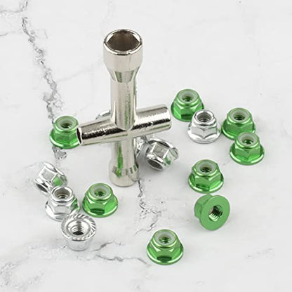 16pcs M4 Lock Nuts Set for 1/10 RC Car - Green Aluminum & Silver Steel with Hex Driver | RC Tool Kit & Nut Driver for Traxxas Axial Tamiya Wheel Replacement - color: Green & Silver