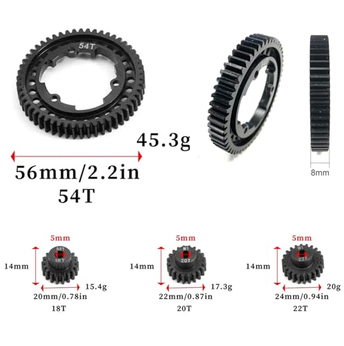 Hardened Steel 54T 1 Mod Spur Gear with 18T 20T 22T Motor Pinion Gear for 1/5 X-Maxx 1/7 XO-1 1/10 Maxx/E-Revo 2.0 VXL Upgrade Part, Replace of #6449 - size: 54T