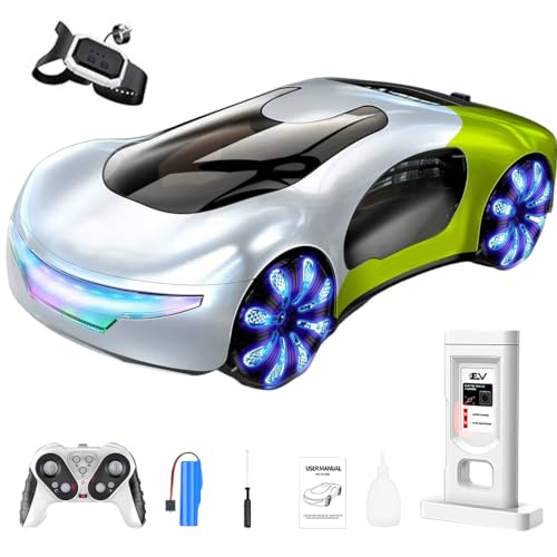 2.4G Gesture Sensing RC Stunt Car, LED Drift Racing Car with Spray Boost, USB Charging Station & Music Effects – 360° Flip Toy Gift (Handle+Watch RC Version) - color: Gradient Green