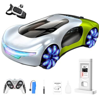 2.4G Gesture Sensing RC Stunt Car, LED Drift Racing Car with Spray Boost, USB Charging Station & Music Effects – 360° Flip Toy Gift (Handle+Watch RC Version) - color: Gradient Green