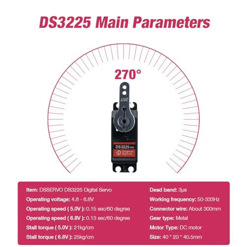 DS3225 25kg RC Servo High Torque Full Metal Gears Waterproof Digital Servo Compatible with 1/8, 1/10 RC Cars/Robots/Trucks(Control Angle 270°)