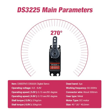 DS3225 25kg RC Servo High Torque Full Metal Gears Waterproof Digital Servo Compatible with 1/8, 1/10 RC Cars/Robots/Trucks(Control Angle 270°)