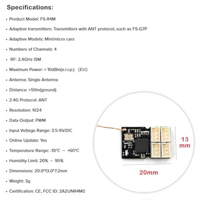 GoolRC Flysky FS-R4M Receiver, 2.4GHz 4CH Receiver ANT Protocol Single Antenna PWM Output Compatible with Flysky FS-G7P FS-ST8 Radio Transmitter for Mini Micro Cars
