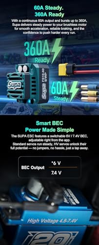 FuriaX Supa 3650 Motor 60A ESC RC Car Speed Controller 2-3S LiPo 3.175mm Shaft for 1/10 Touring Buggy Short Course Truck (3650-4000KV 60A Combo)