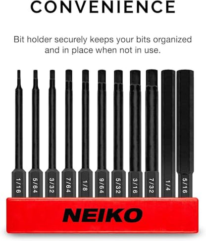 Neiko 01147A Allen Wrench Drill Bits, 11-Piece Hex Drill Bit Set, SAE Sizes 1/16" to 5/16", Magnetic Hex Head Bits, 3" Quick Release Shanks, S2 Steel, Compatible with Power Drills and Impact Drivers - size: Hex Bit, style: SAE