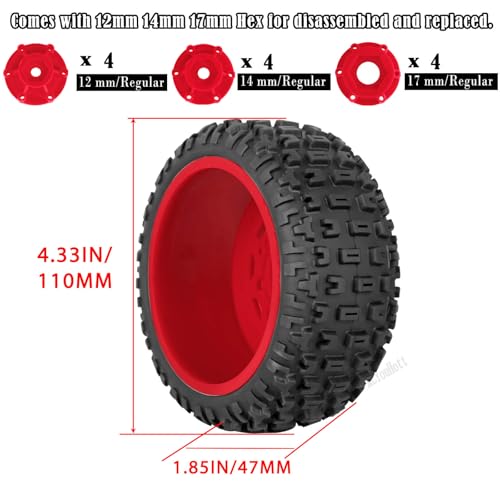 RC Truck Wheels Tires 12mm/14mm/17mm Hex for 1/10 Arrm a Senton/Slash 2WD 4WD 4×4/Axia1/Redca t/Rc4w d,w/Detachable Replace Running on Off-Road Tire RC Wheel Hex,Wheels and Tires,Red - color: Red- (Wheel Tires)