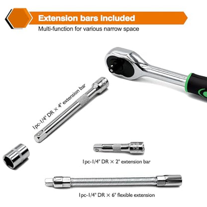 Egofine 46 Pieces 1/4 inch Drive Socket Ratchet Wrench Set, with Bit Socket Set Metric and Extension Bar for Auto Repairing and Household, with Green Storage Case - style: 1/4" 46 PCS-Green