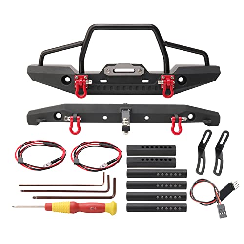 1/10 RC Metal Front & Rear Bumper Combo W/LED Lights | Tow Shackles, Winch Mount Seat, Trailer Hitch, For TRX4 SCX10 II 90046 Rock Crawler Truck - style: Front & Rear Bumper