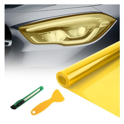 12×47" Car Headlight Tint Film,Cuttable Taillight Tint Film Kit with Squeegee & Cutter,Waterproof Tail Light Tints Films Car Exterior Accessories for Headlights Fog Lights Tail Lights (Yellow) - color: Yellow