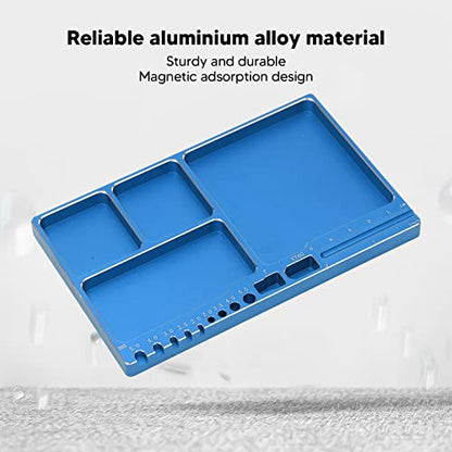 RC Magnetic Tray, 16x10x1.1cm Universal Aluminium Alloy Screw Tray RC Model Repair Tool Tray with Magnetic Pad for RC Trucks (Blue) - color: Blue