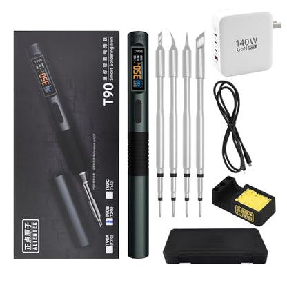 T90 Smart Soldering Iron 140W PD3.0 QC Fast Heating Digital Soldering Pen with LCD Display, Portable USB‑C Soldering Tool for Electronics Repair, DIY, PCB Soldering (T90B soldering iron Set))