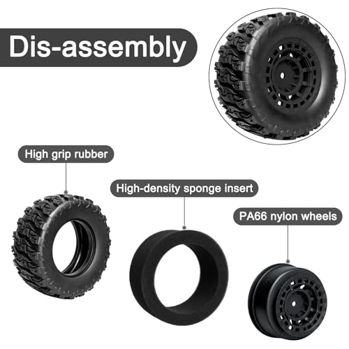 Pre-Glued 12mm Hex RC Wheels and Tires for 1/10 RC Short Course Truck, 4PCS | Compatible with 1/10 Arrma Senton Traxxas Slash Axial Losi Axial Redcat - color: Black Tires A+ Black Wheels