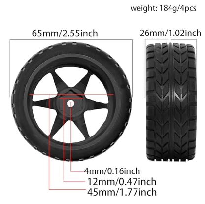 1/10 RC On Road Tires OD 2.55'' and Aluminium Street Wheels 4PCS 12mm Hex Touring Tyres for 1:10 Rally Racing Drift Car Tamiya TT01 TT02 XV01 HPI KYOSHO HSP PTG2 Traxxas TA06 A959 (Black) - color: Black