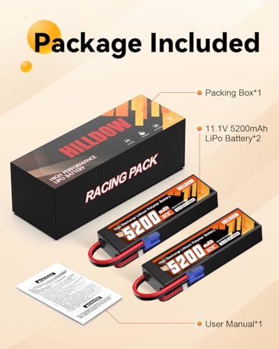 Hilldow 5200mAh 11.1V RC Battery 80C 3S Lipo Battery with EC5 Hard Case for RC Vehicles Car Buggy Truggy Airplane Drone(2packs)